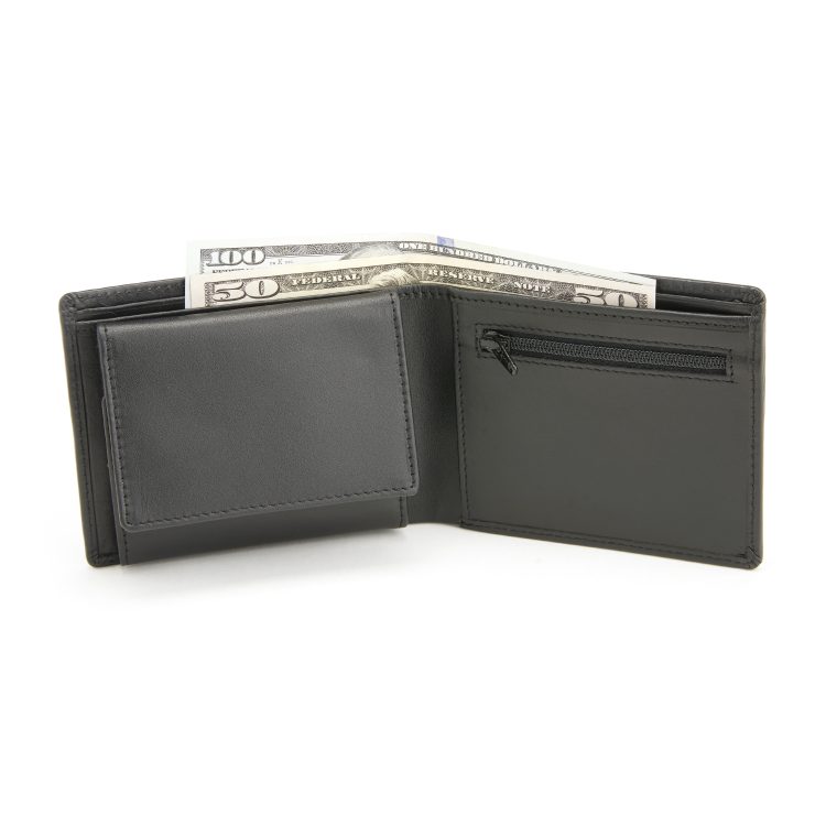Men's Bifold Wallet with Zippered Compartment and 2 ID Flaps black