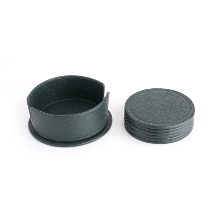 Set of Six Round Coasters in Leather Holder taupe