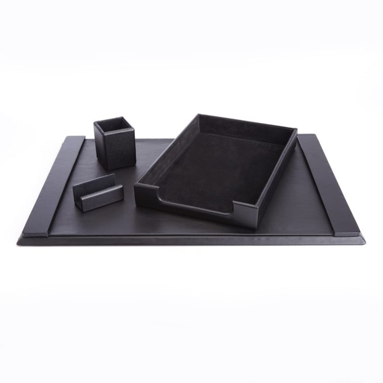 Desk Accessory Set: Blotter, Letter Tray, Pencil Cup and Business Card Holder taupe