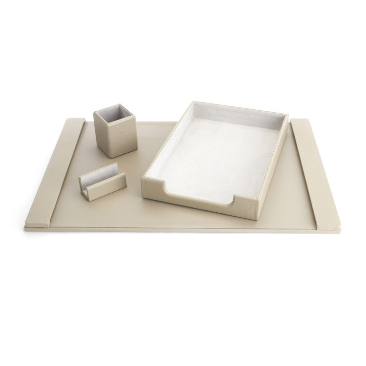 Desk Accessory Set: Blotter, Letter Tray, Pencil Cup and Business Card Holder taupe
