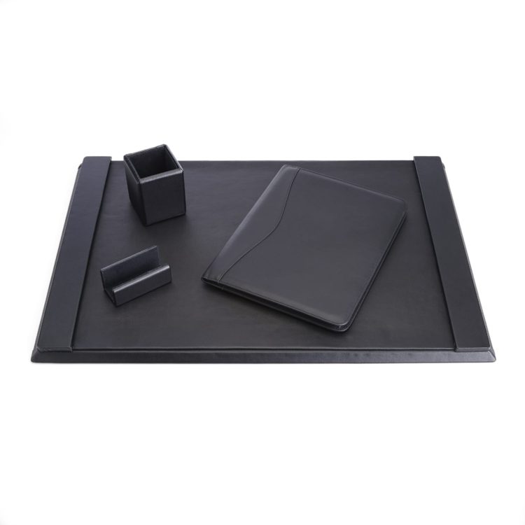 Desk Accessory Set: Pencil Cup, Card Holder, Portfolio and Blotter black